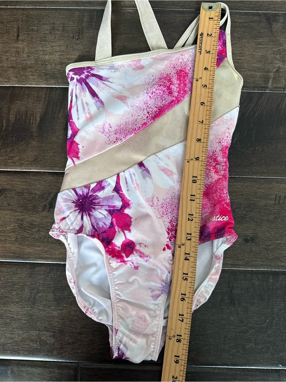 💜3/$15 Justice Girls Floral Foil Gymnastics Leotard Pink Purple Gold XS(5/6)